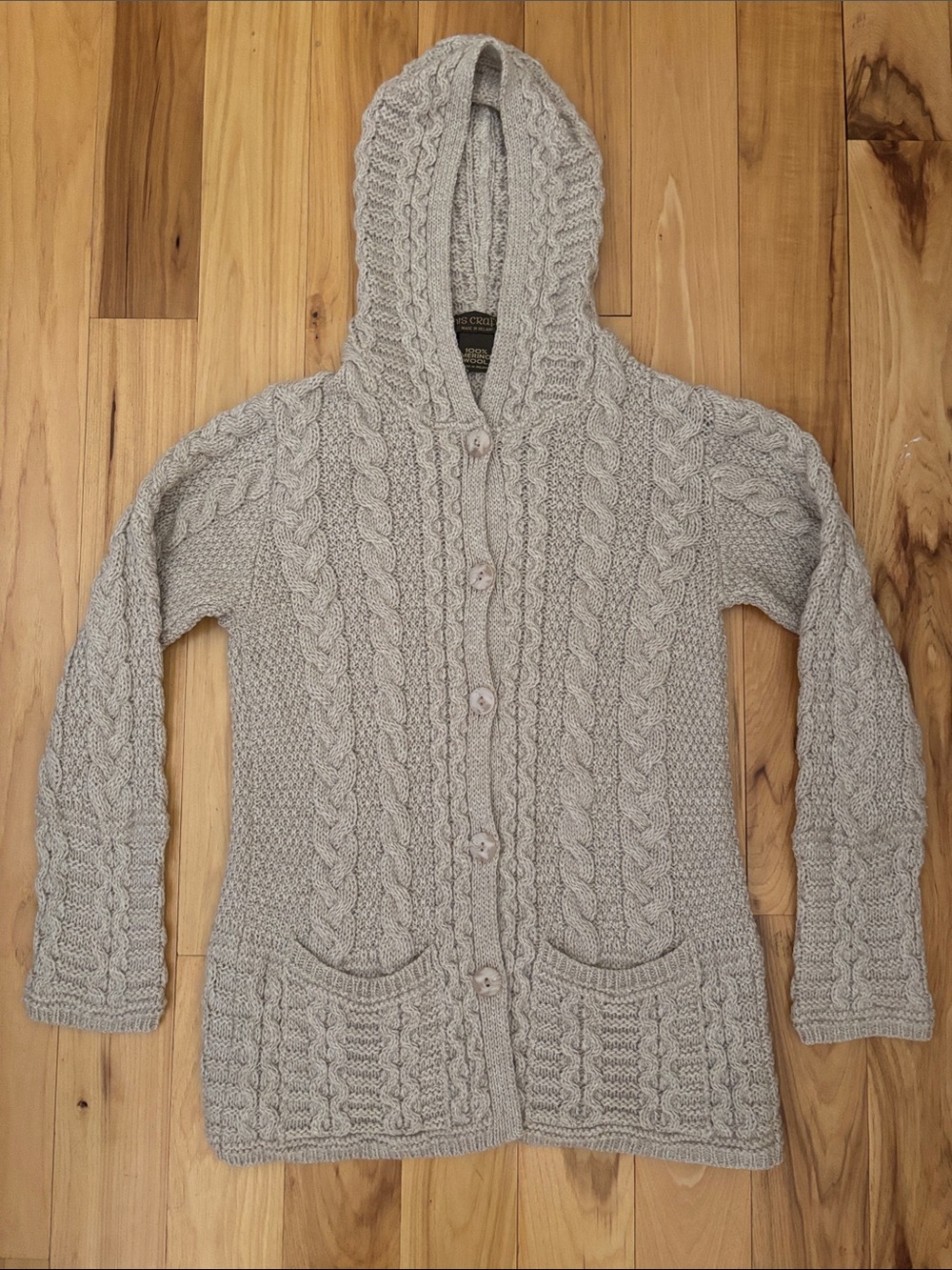 INIS CRAFTS Oatmeal Irish Merino Wool Cable Knit Hooded Cardigan Sweater Size M